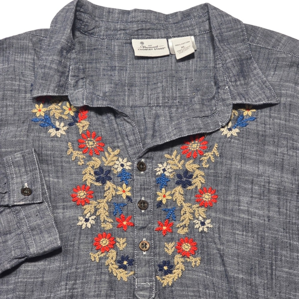 Vermont Country Store Tunic Women XL Blue Embroidered Cotton Henley Pockets